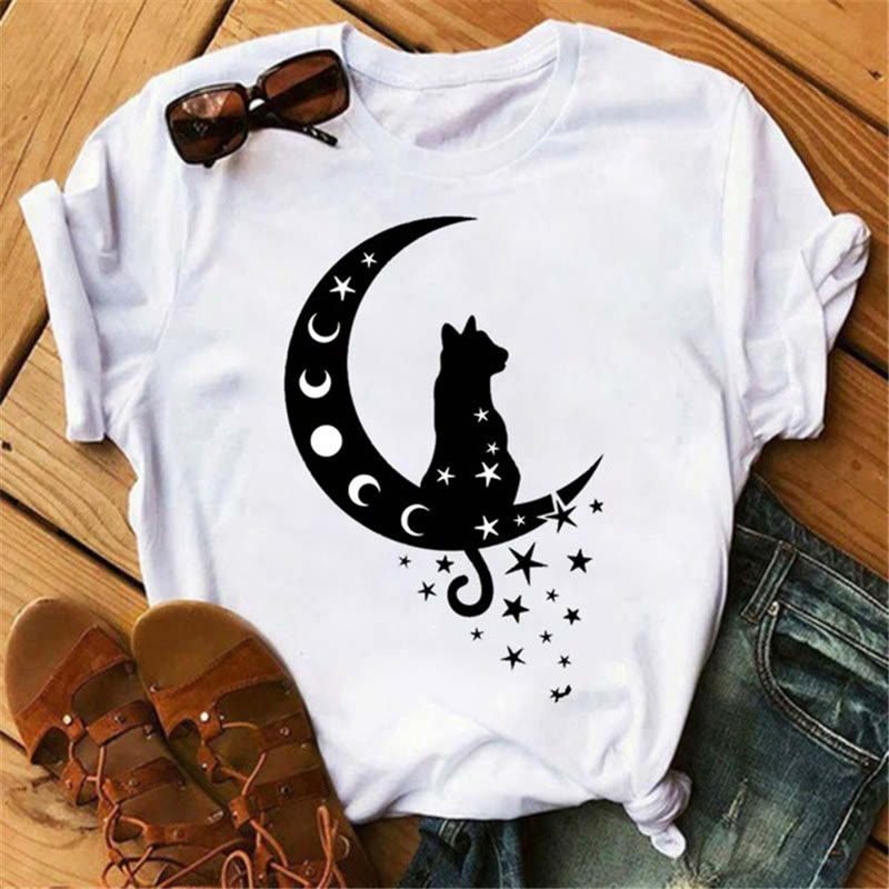 Olivenorma Cotton Moon Black Cat Lotus Printed T-Shirt