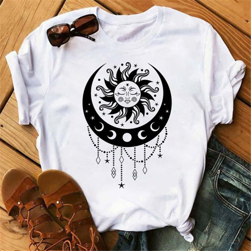 Olivenorma Cotton Moon Black Cat Lotus Printed T-Shirt