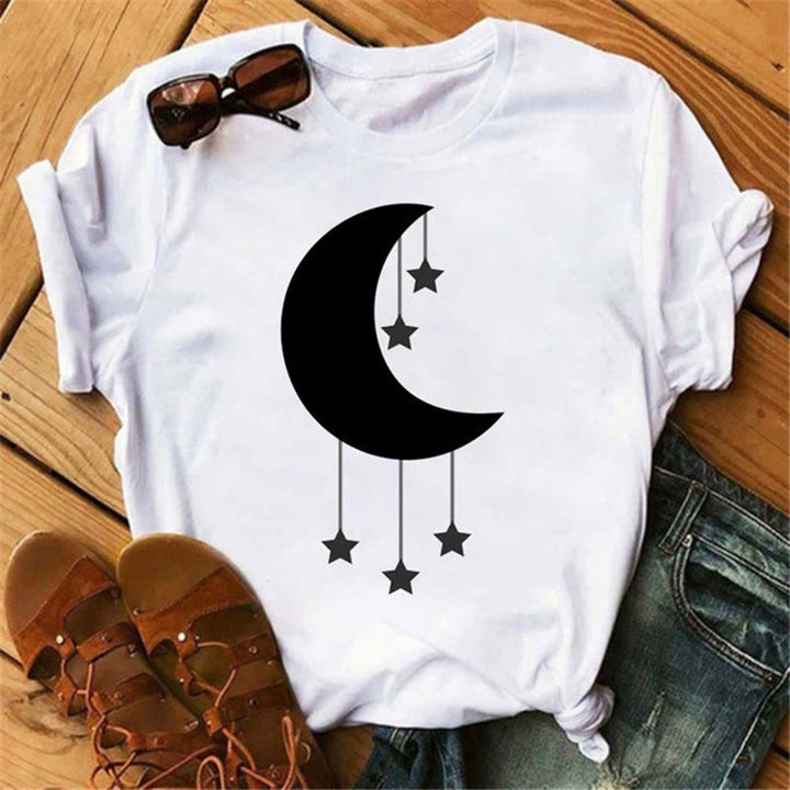 Olivenorma Cotton Moon Black Cat Lotus Printed T-Shirt