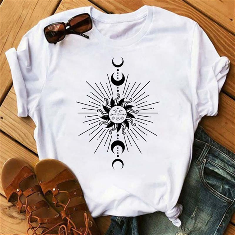 Olivenorma Cotton Moon Black Cat Lotus Printed T-Shirt