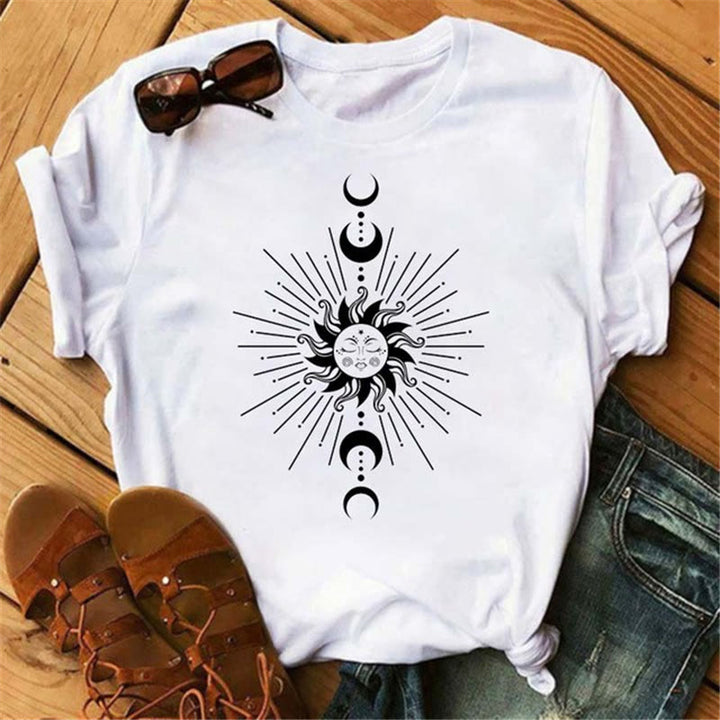 Olivenorma Cotton Moon Black Cat Lotus Printed T-Shirt