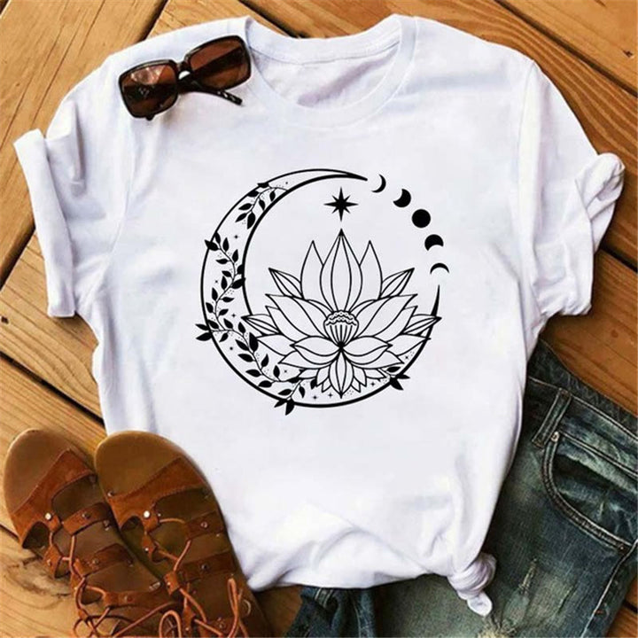 Olivenorma Cotton Moon Black Cat Lotus Printed T-Shirt