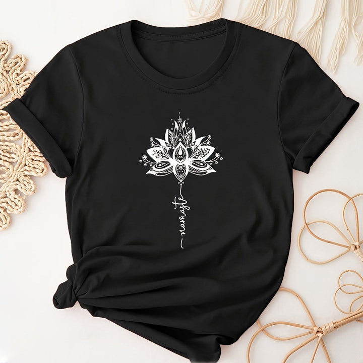Olivenorma Lotus & Letter Print Crew Neck Short Sleeve T-Shirt