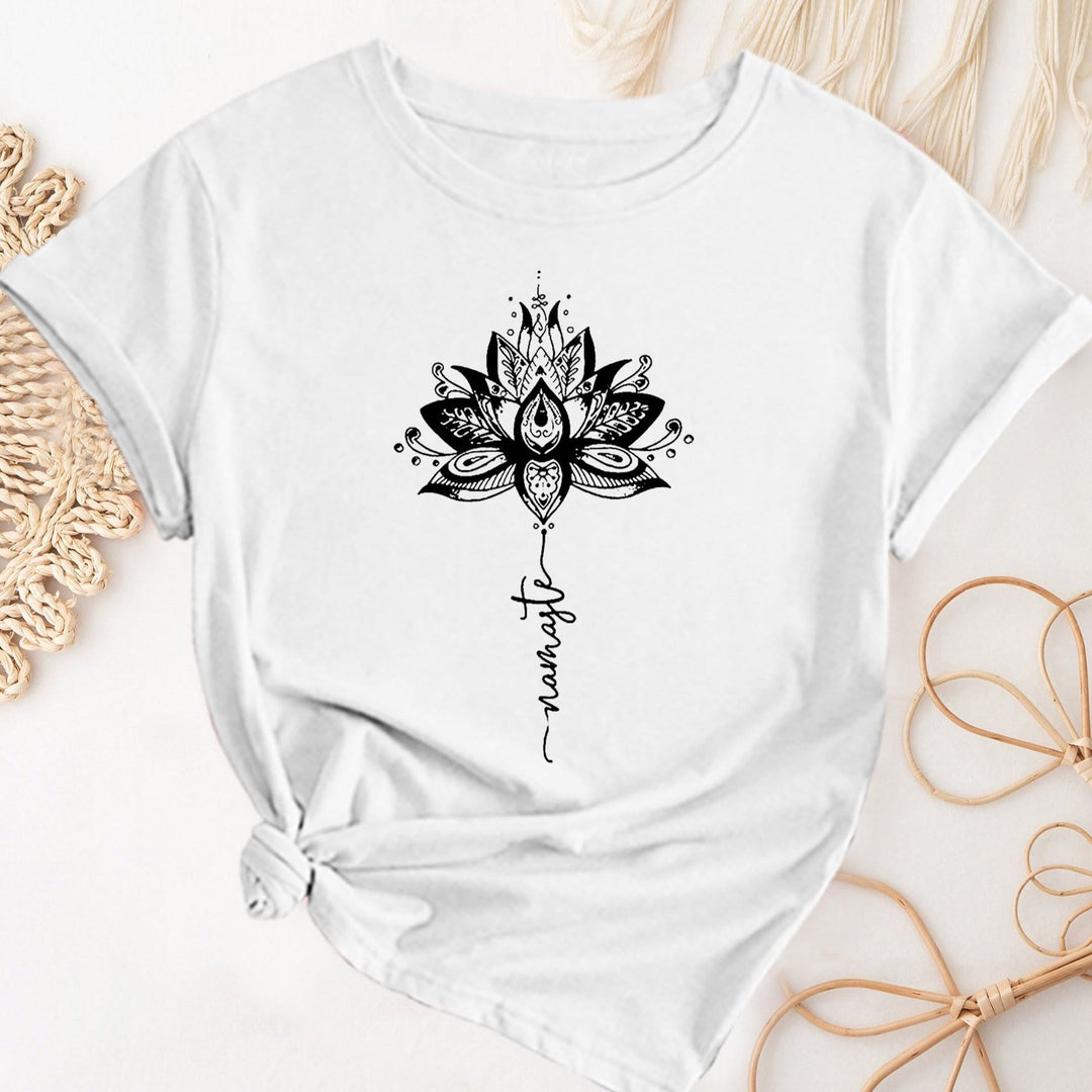 Olivenorma Lotus & Letter Print Crew Neck Short Sleeve T-Shirt
