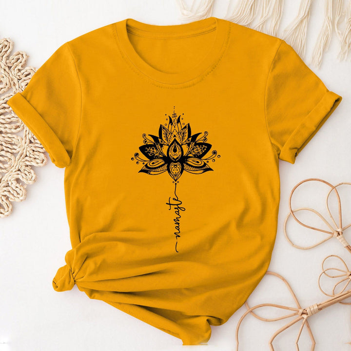 Olivenorma Lotus & Letter Print Crew Neck Short Sleeve T-Shirt