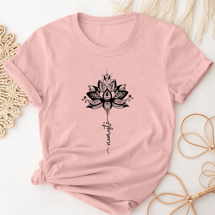 Olivenorma Lotus & Letter Print Crew Neck Short Sleeve T-Shirt