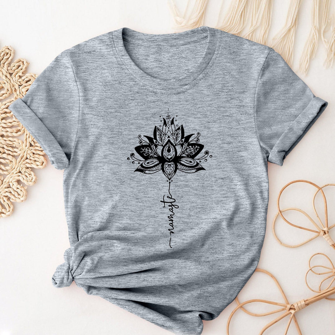 Olivenorma Lotus & Letter Print Crew Neck Short Sleeve T-Shirt