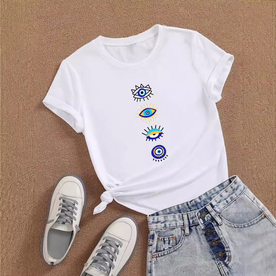 Olivenorma Blue Evil Eye Print White T-Shirt