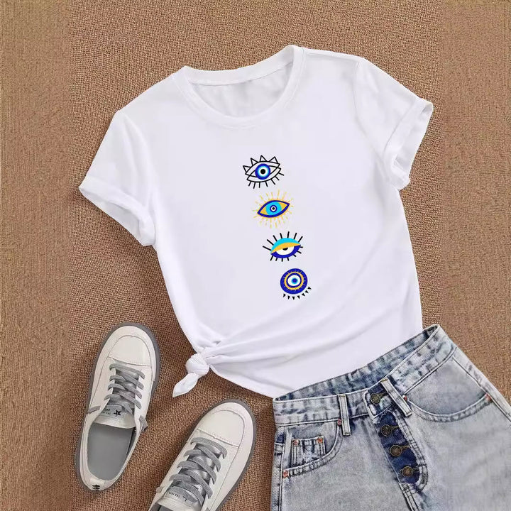 Olivenorma Blue Evil Eye Print White T-Shirt