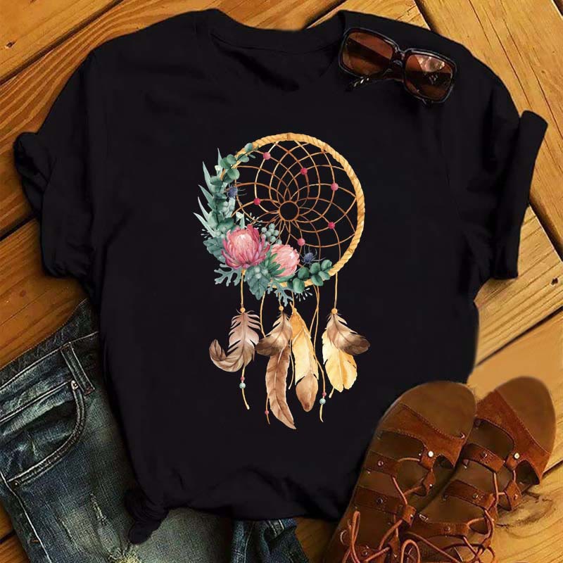 Olivenorma Cotton Dreamcatcher Printed Black T-Shirt