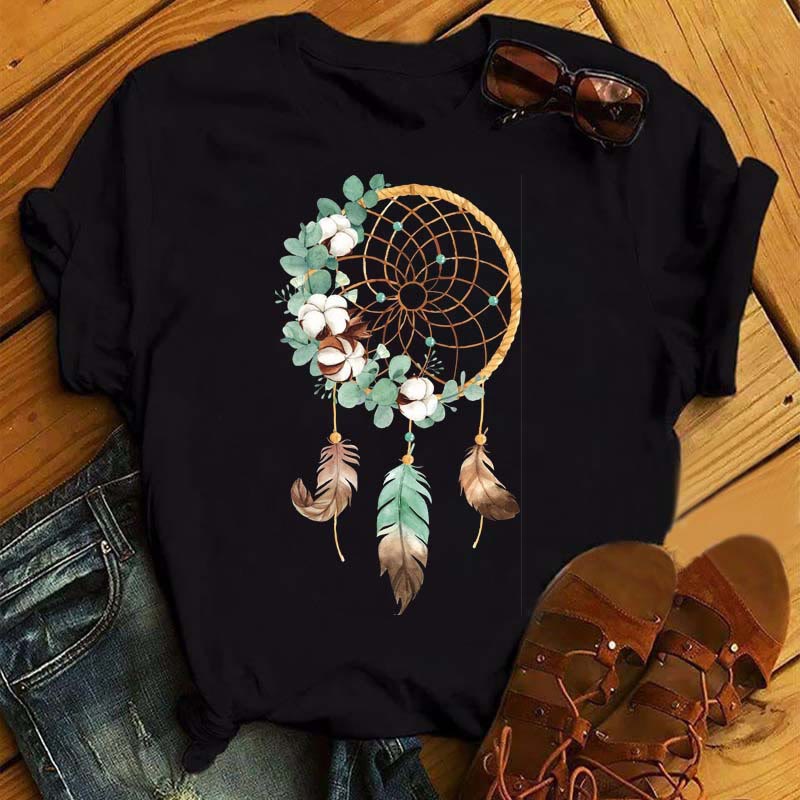 Olivenorma Cotton Dreamcatcher Printed Black T-Shirt
