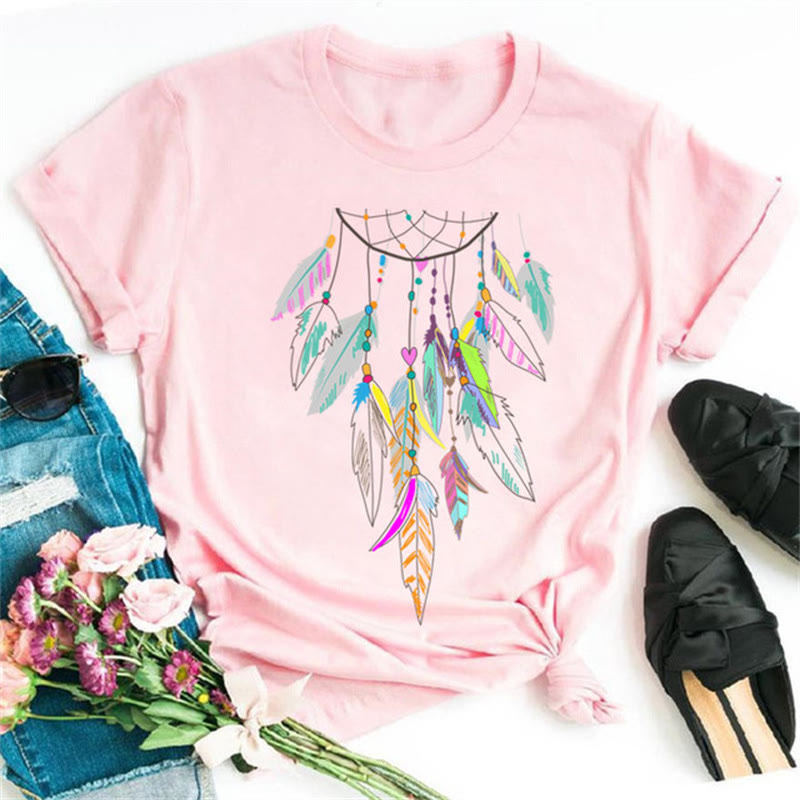 Olivenorma Modal Dreamcatcher Printed Pink T-Shirt