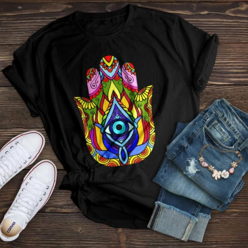 Olivenorma Cotton Hamsa Evil Eye Printed T-Shirt