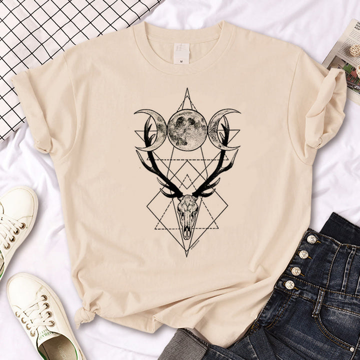 Olivenorma Witch Triple Moon Gothic Print Khaki T-Shirt