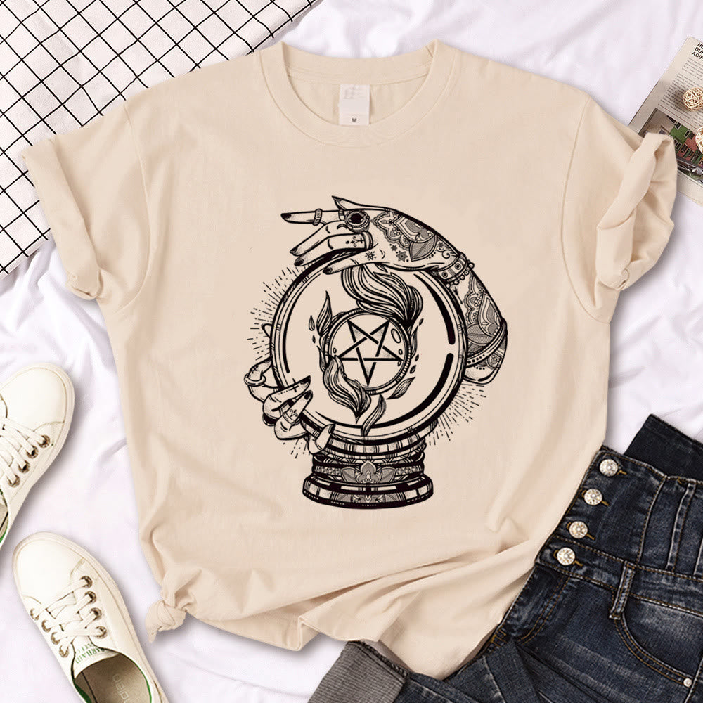 Olivenorma Witch Triple Moon Gothic Print Khaki T-Shirt