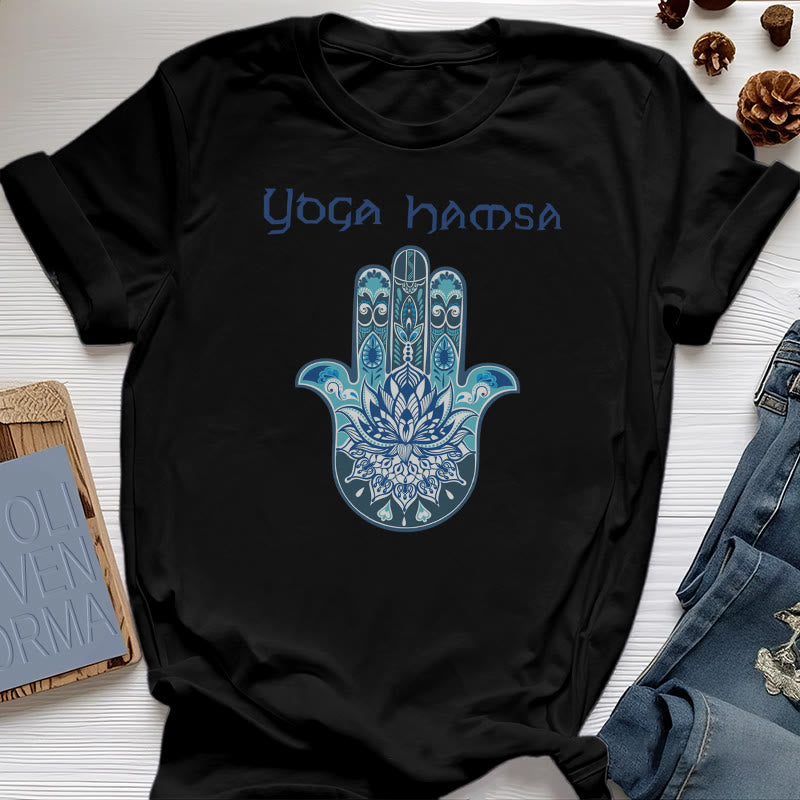 Olivenorma Blue Yoga Hamsa Print Comfort T-Shirt