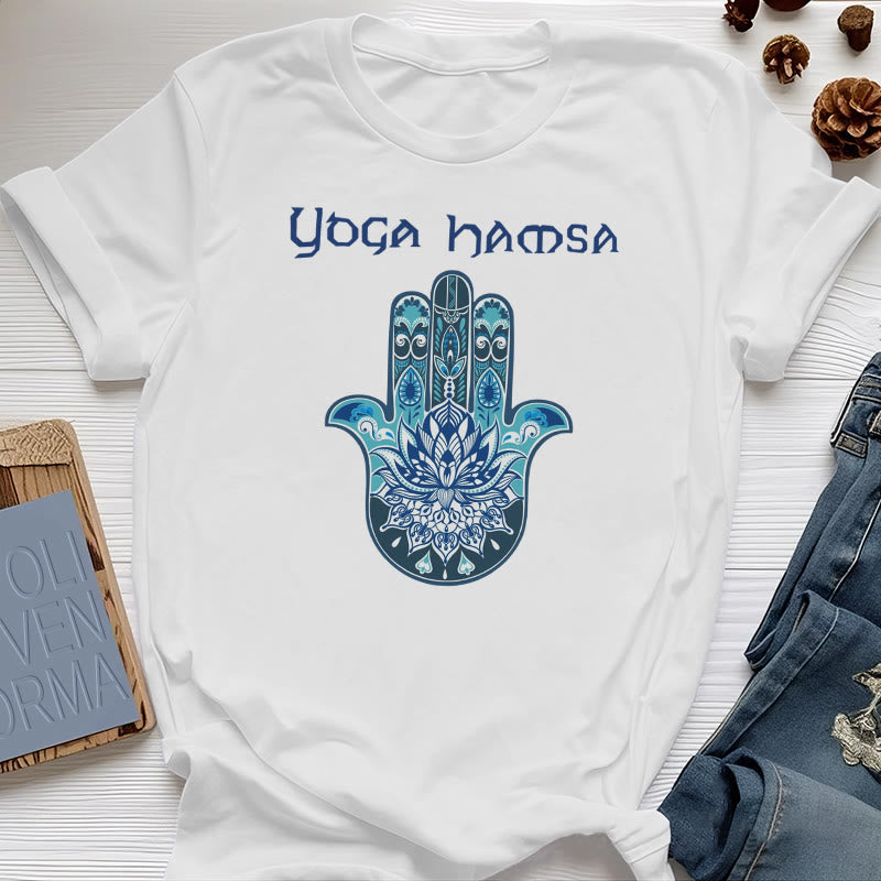 Olivenorma Blue Yoga Hamsa Print Comfort T-Shirt