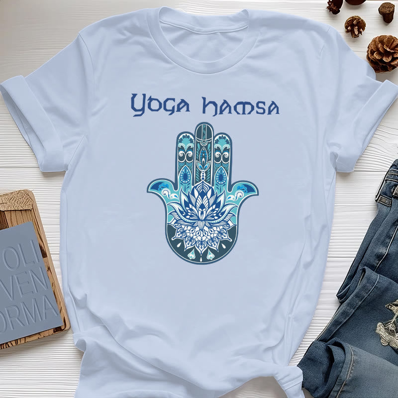 Olivenorma Blue Yoga Hamsa Print Comfort T-Shirt