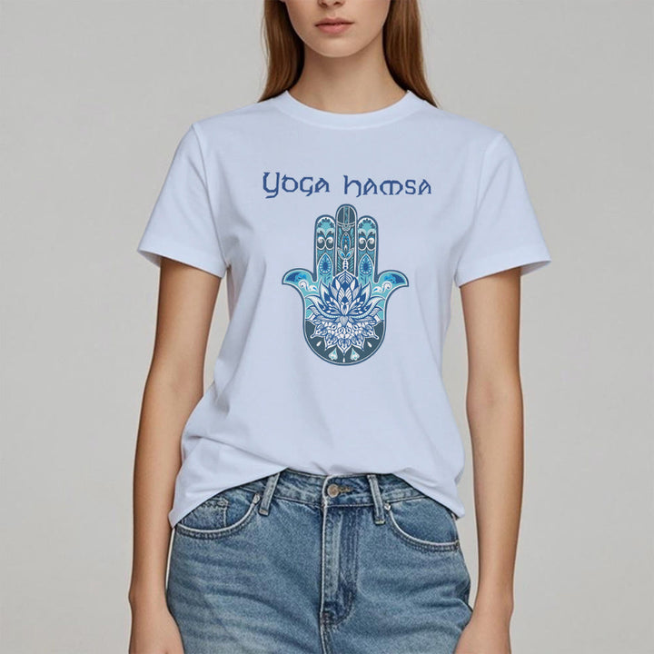 Olivenorma Blue Yoga Hamsa Print Comfort T-Shirt