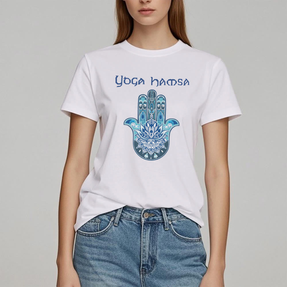Olivenorma Blue Yoga Hamsa Print Comfort T-Shirt