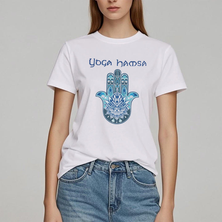 Olivenorma Blue Yoga Hamsa Print Comfort T-Shirt