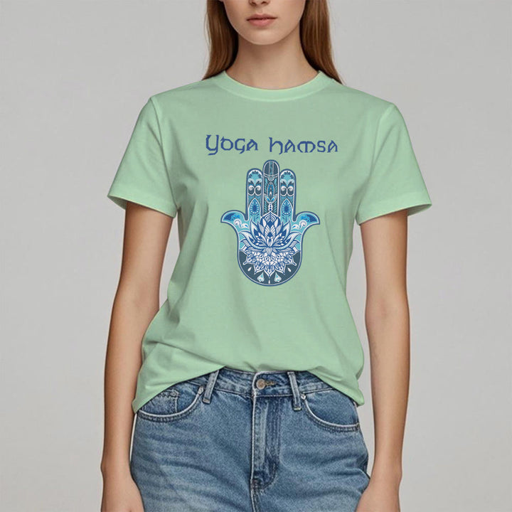 Olivenorma Blue Yoga Hamsa Print Comfort T-Shirt