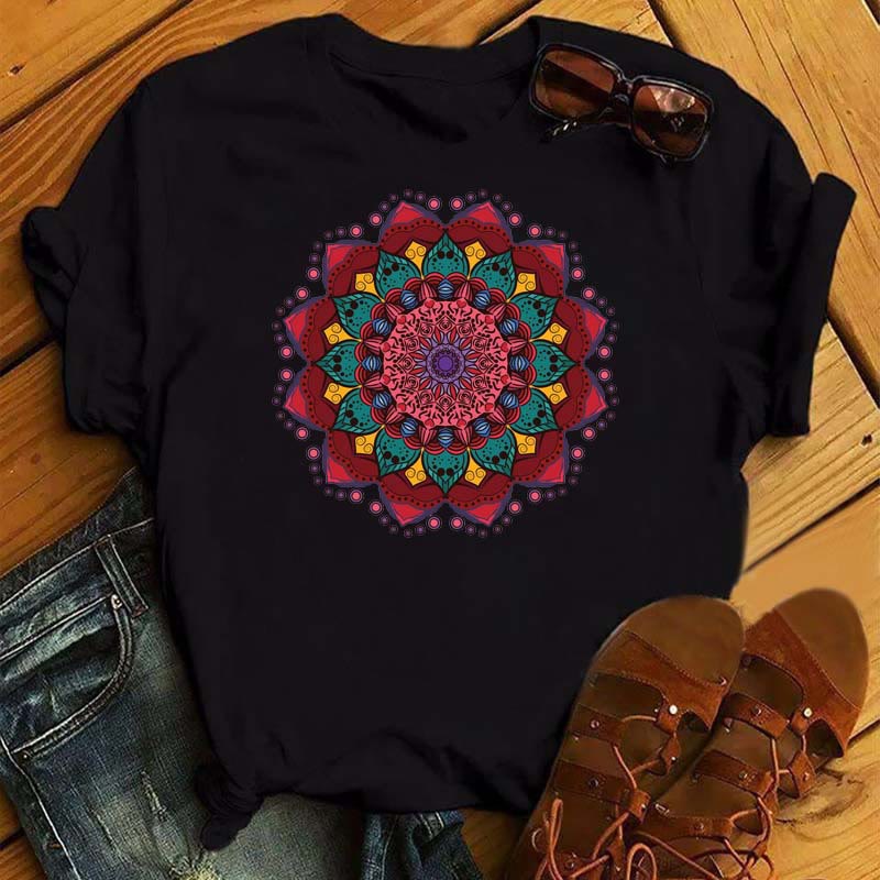 Olivenorma Colorful Geometric Lotus Print Black T-shirt