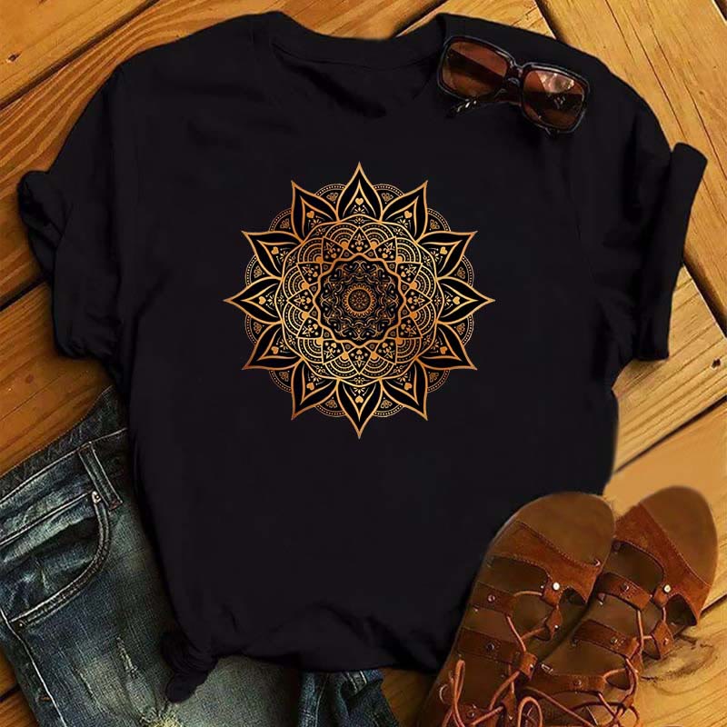 Olivenorma Colorful Geometric Lotus Print Black T-shirt