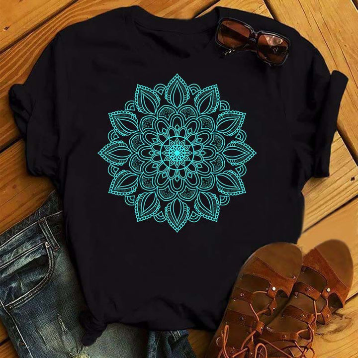 Olivenorma Colorful Geometric Lotus Print Black T-shirt