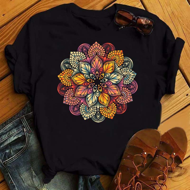 Olivenorma Colorful Geometric Lotus Print Black T-shirt