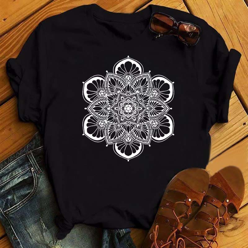 Olivenorma Colorful Geometric Lotus Print Black T-shirt