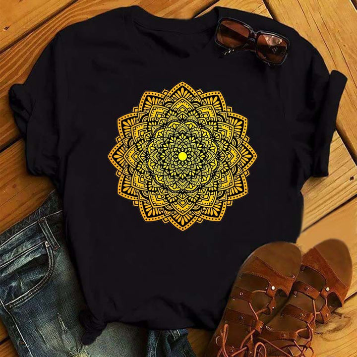 Olivenorma Colorful Geometric Lotus Print Black T-shirt