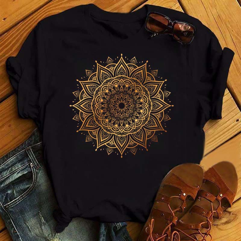 Olivenorma Colorful Geometric Lotus Print Black T-shirt