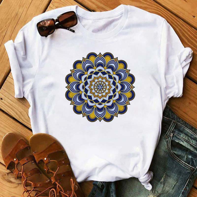 Olivenorma Colored Geometric Lotus Print White T-Shirt