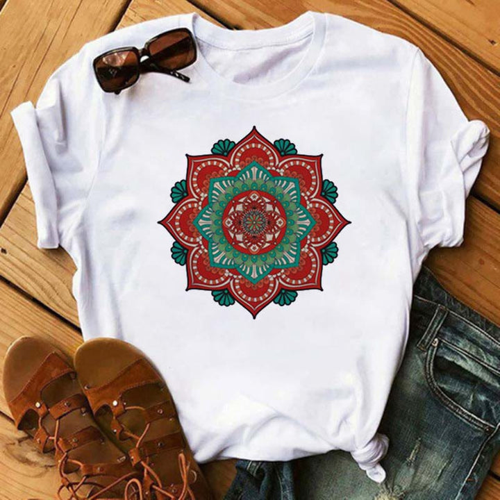 Olivenorma Colored Geometric Lotus Print White T-Shirt