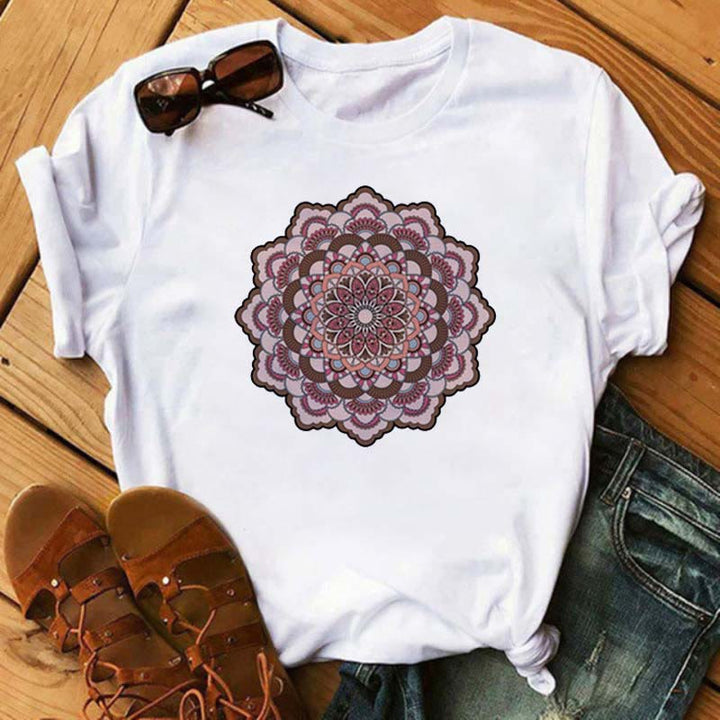 Olivenorma Colored Geometric Lotus Print White T-Shirt