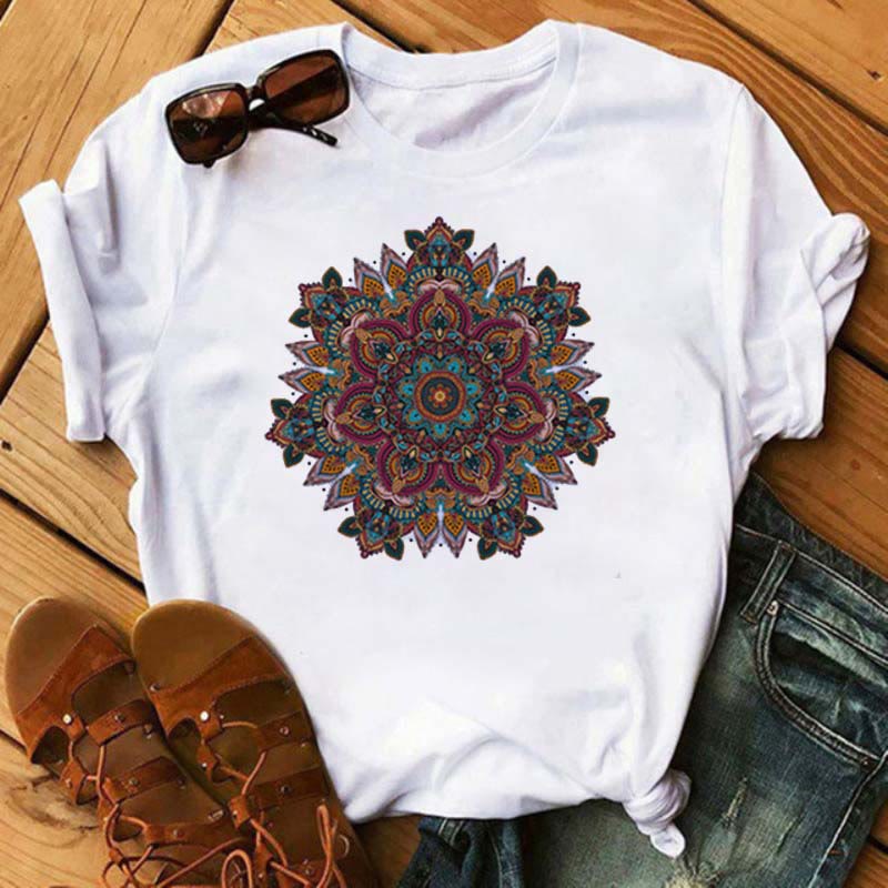 Olivenorma Colored Geometric Lotus Print White T-Shirt