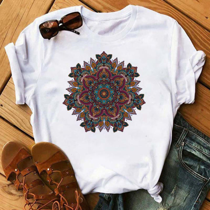 Olivenorma Colored Geometric Lotus Print White T-Shirt