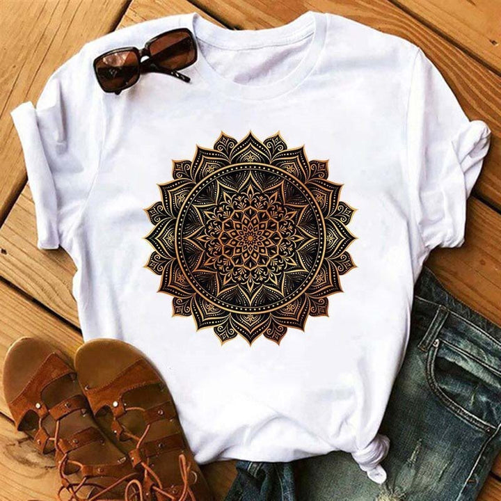 Olivenorma Colored Geometric Lotus Print White T-Shirt
