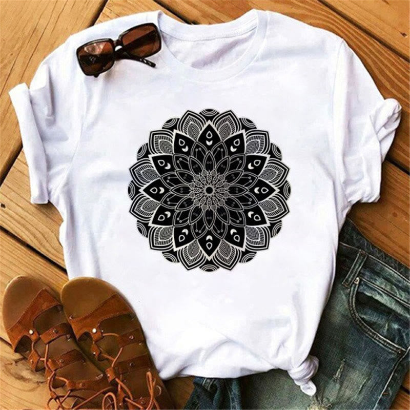 Olivenorma Colored Geometric Lotus Print White T-Shirt