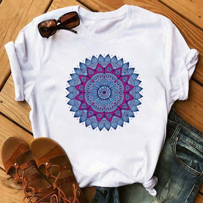 Olivenorma Colored Geometric Lotus Print White T-Shirt