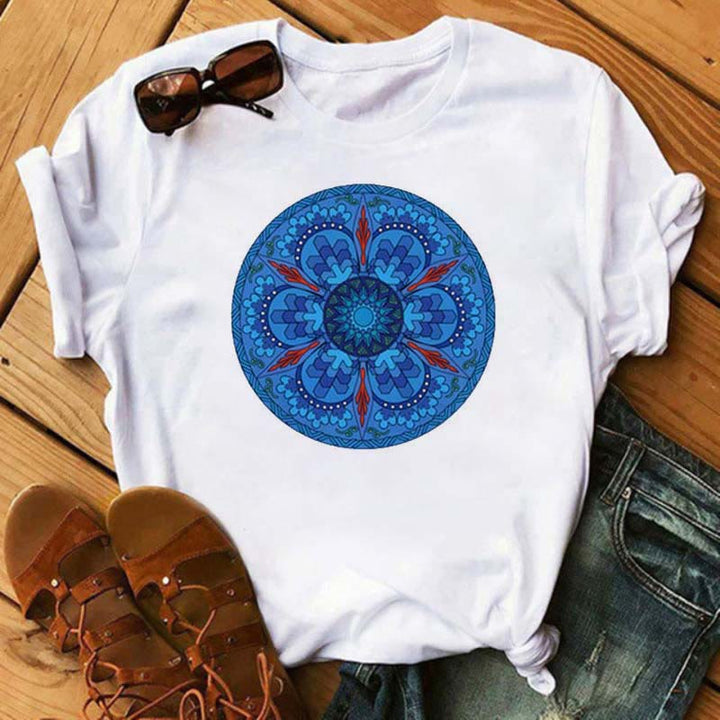 Olivenorma Colored Geometric Lotus Print White T-Shirt