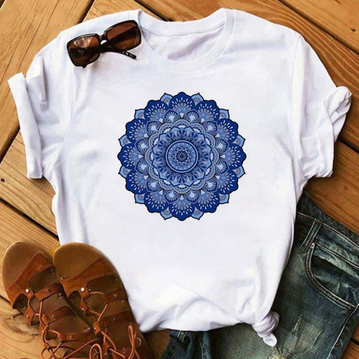 Olivenorma Colored Geometric Lotus Print White T-Shirt