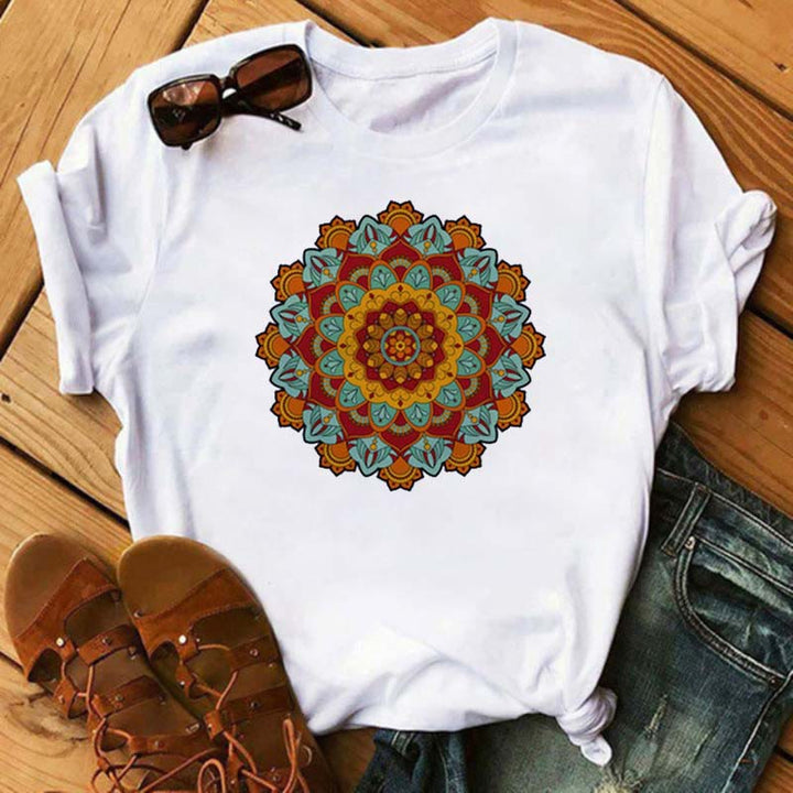 Olivenorma Colored Geometric Lotus Print White T-Shirt