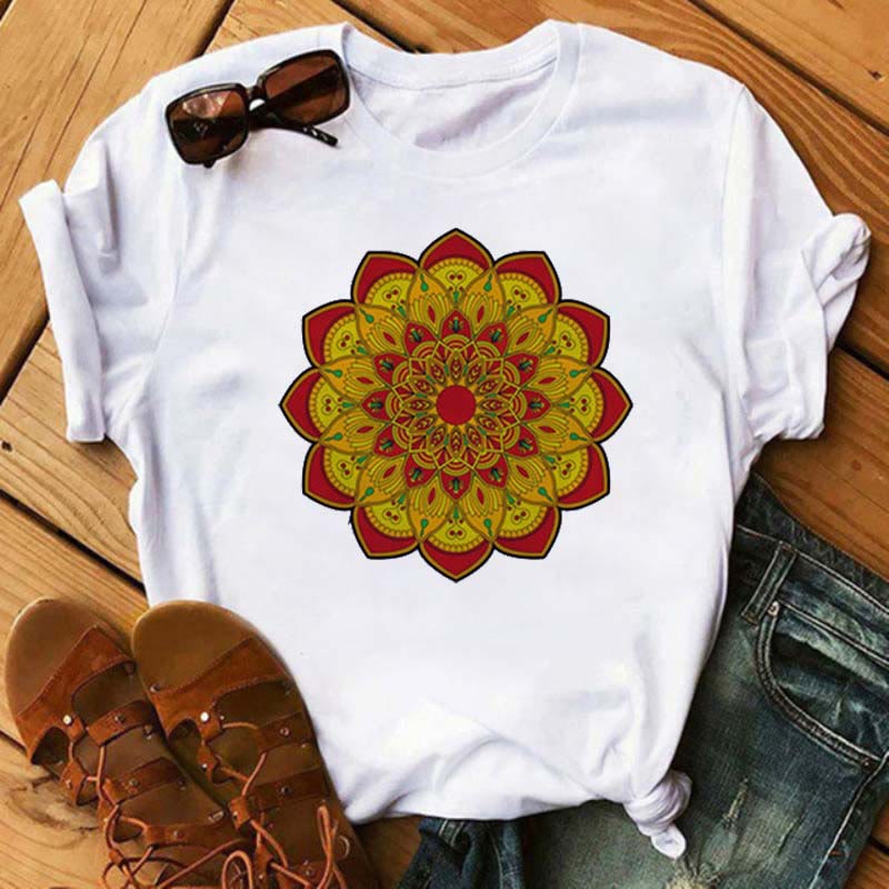 Olivenorma Colored Geometric Lotus Print White T-Shirt