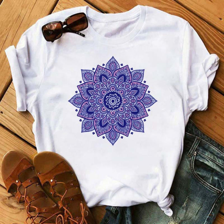 Olivenorma Colored Geometric Lotus Print White T-Shirt