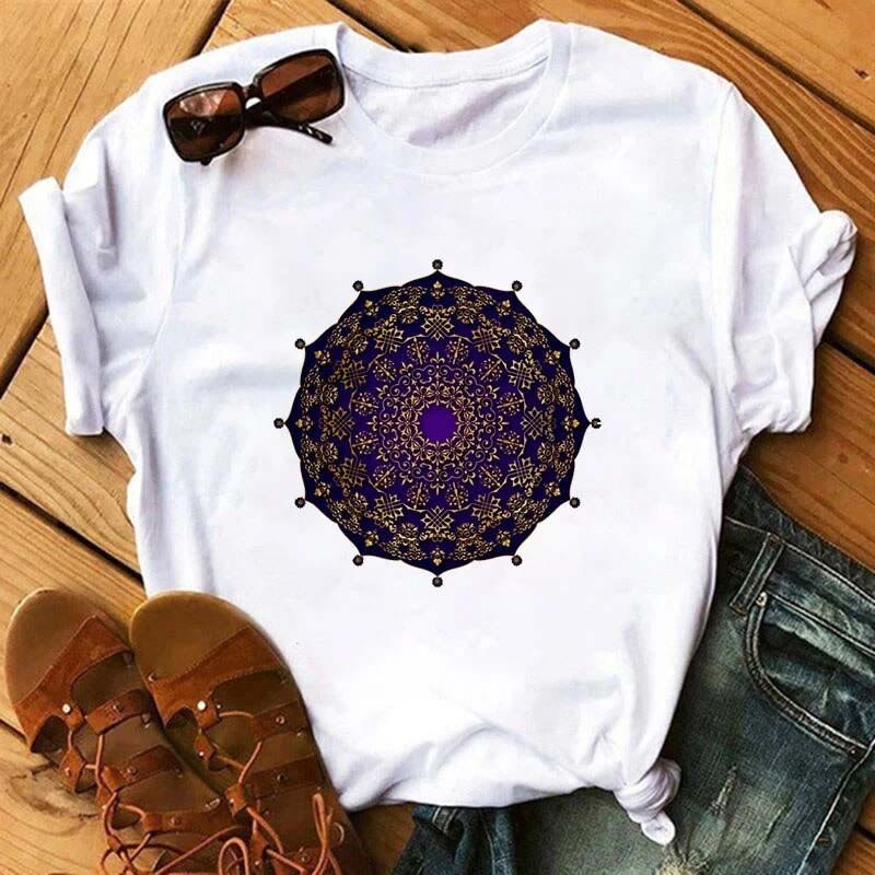 Olivenorma Cotton Colorful Geometric Print White T-Shirt
