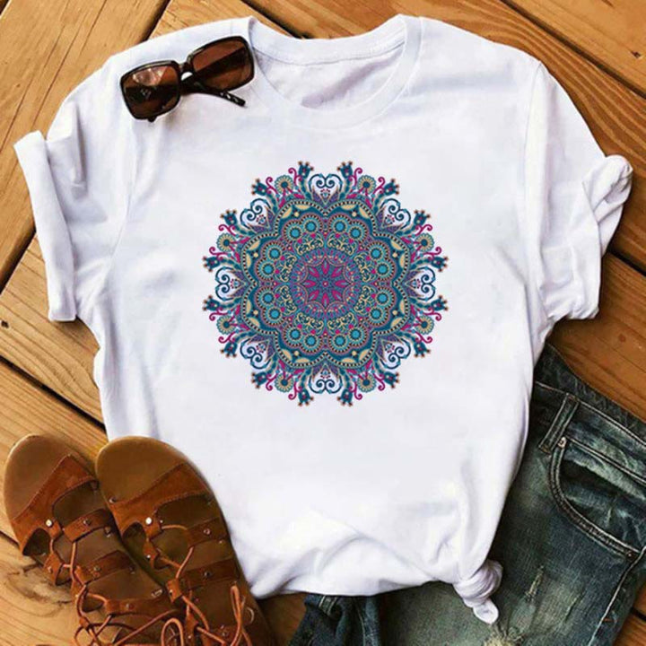 Olivenorma Cotton Colorful Geometric Print White T-Shirt