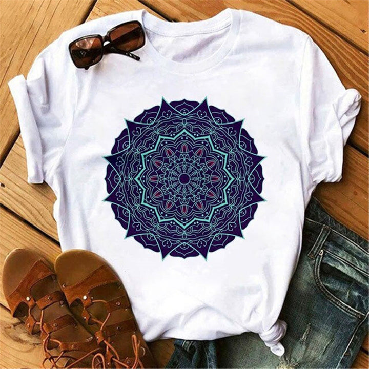 Olivenorma Cotton Colorful Geometric Print White T-Shirt