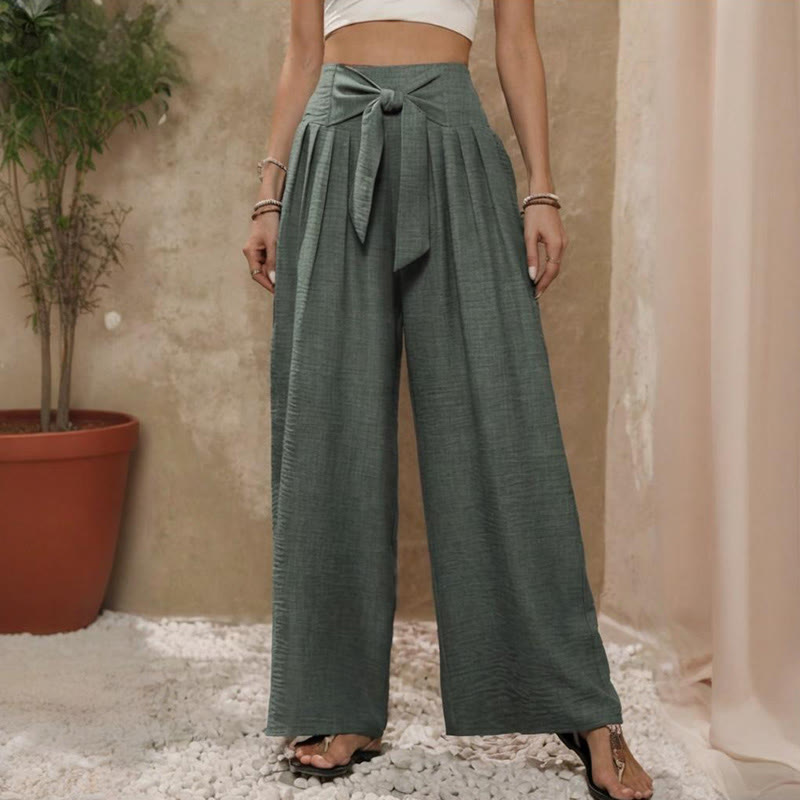 Olivenorma Plain Color High Waist Adjustable Knot Loose Women's Wide Leg Pants - Green - XXL - image 6